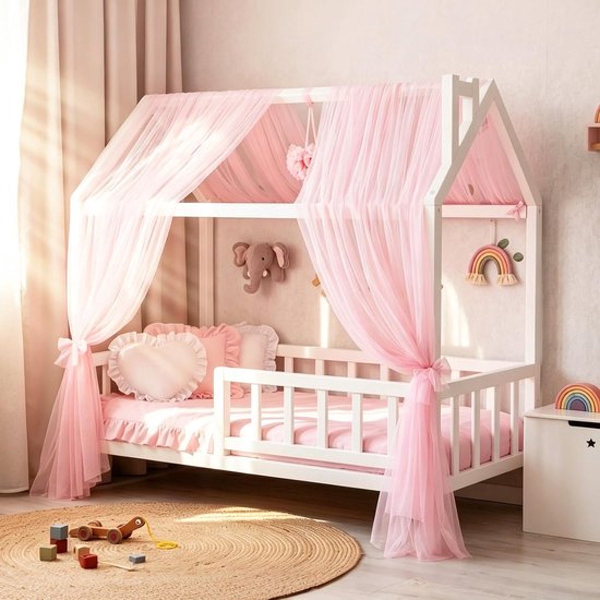 Huisbed Hemelgordijnen Set van 2, Tule Bedhemel voor Kinderbed, Decoratieve Hemel voor Meisjes en Jongens, 150 x 350 cm (Roze)