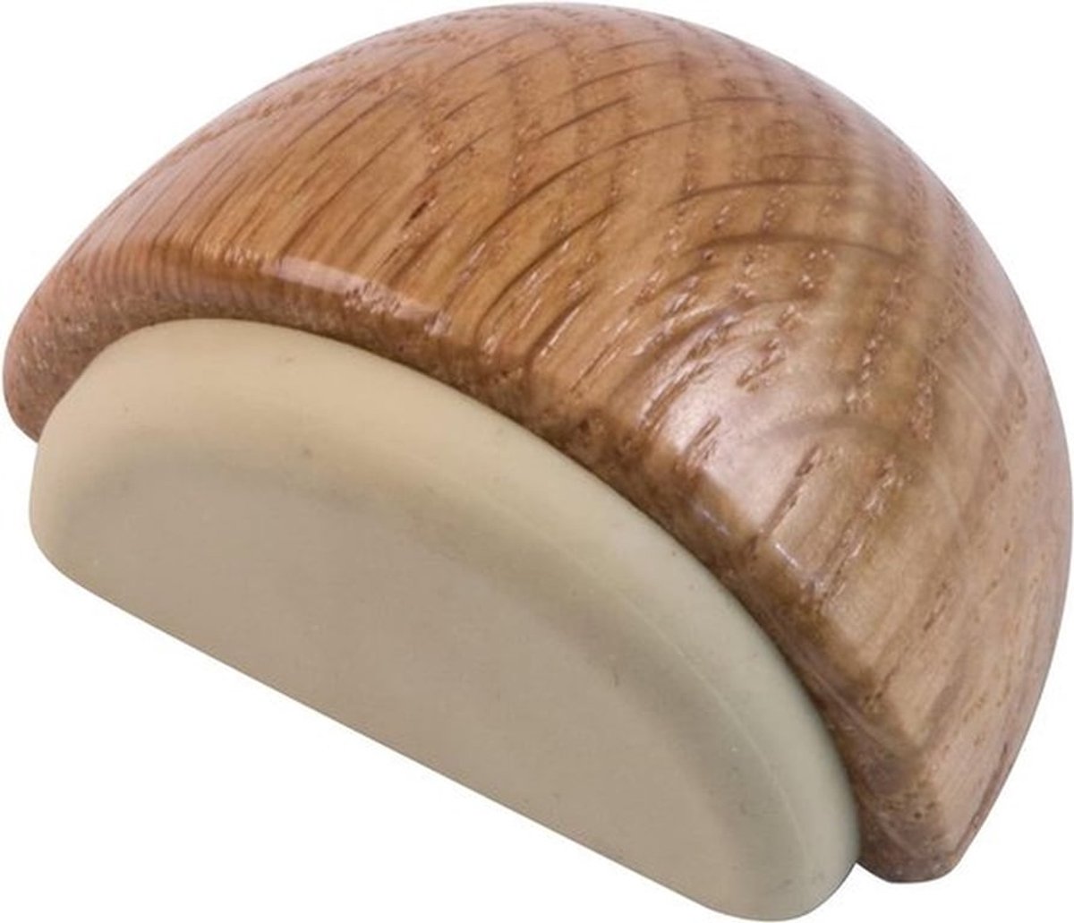 - Halfcirkelvormige decoratieve vloerstopper van hout met eiken afwerking en beige rubber - diameter 45 x 25 mm - beschermt muren en meubels tegen stoten.