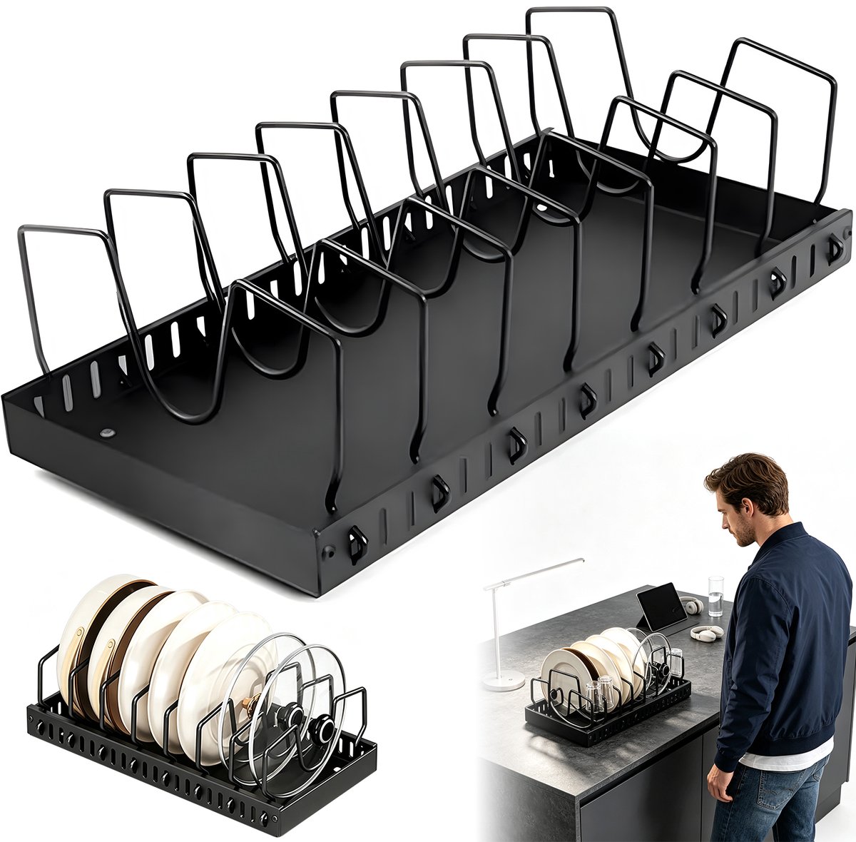 Pannenrek Uitschuifbaar - Staand Keukenrek - Dekselhouder - Bordenrek Organizer - 8 Planken - Gedempte Geleiders - Opbergrek Voor Pannen en Deksels - Kastopberg - Zwart