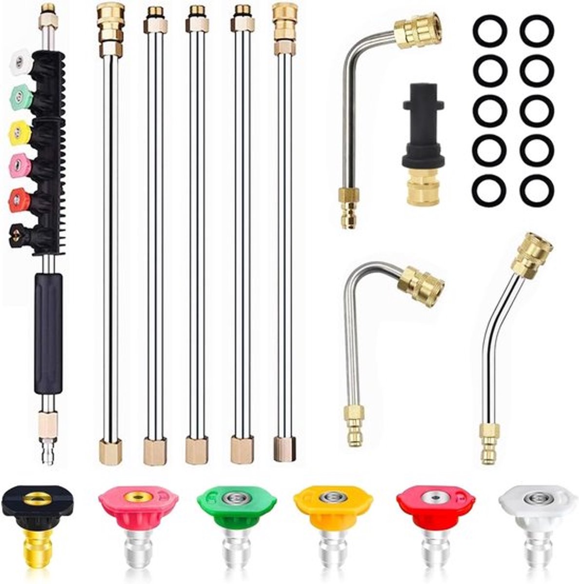 Complete Set van 10 RVS Hogedrukreiniger Verlengstangen met Adapter en 6 Spuitmonden, Geschikt voor Kärcher K Series, Inclusief 3 Gebogen Stangen (30°, 90°, 120°) en Snelle Aansluiting 1/4" voor Efficiënt Reinigen