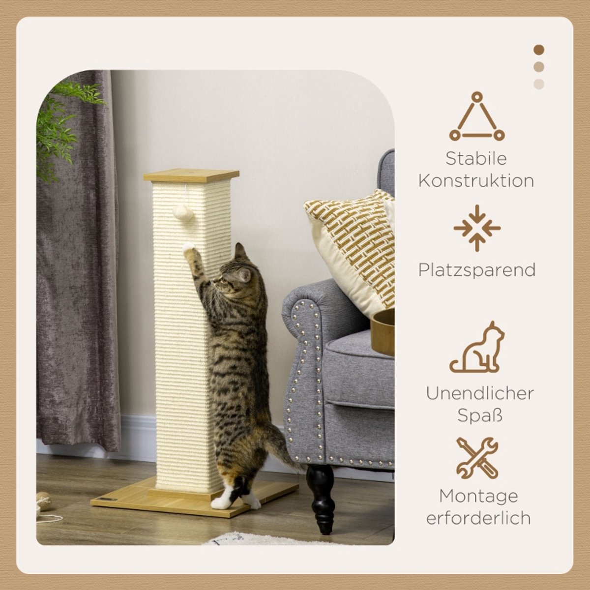 DESMIU Krabpaal – 38 x 38 x 80 cm – Met Speelbal – Sisal, Pluche en Hout – Beige en Naturel – Voor Katten tot 5 kg