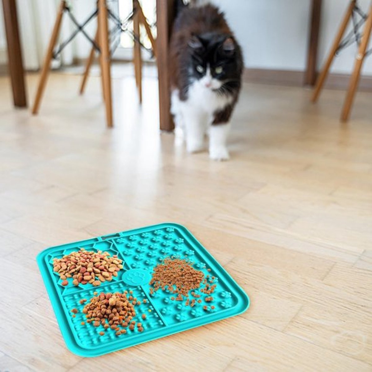 Slow Food Mat - Silicone - Huisdier Voeden Accessoire Set - Schraper - Vinger Tandenborstels - Antivertkking - Cyaan - Voedingsmat