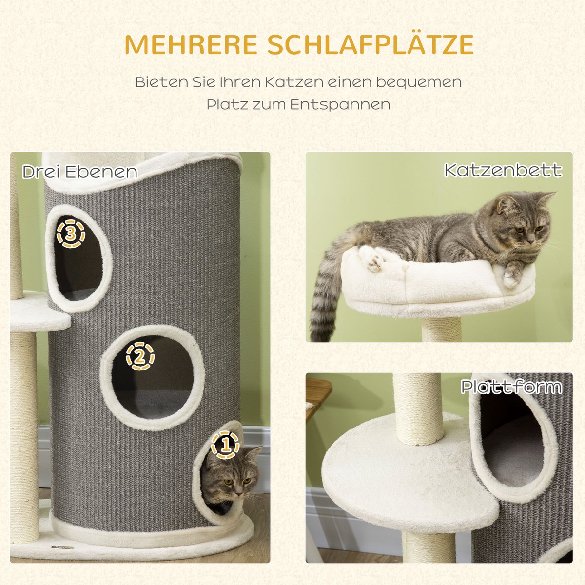 DESMIU Krabmeubel – 109 cm Krabpaal Met Krabton En Kattenbed – 60 x 44,5 x 109 cm – Multiplex – Wit – Voor Klimmen Krabben En Rusten