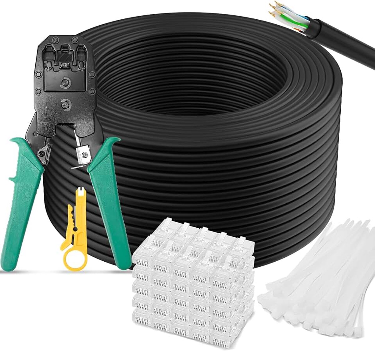 Cat 6 netwerkkabel 100 meter voor buiten Bulk lang installatiekabel, met gereedschapssets, 1,0 Gbit/s internetkabel, 24 AWG, POE, UTP, waterdicht, directe installatie, voor router, modem
