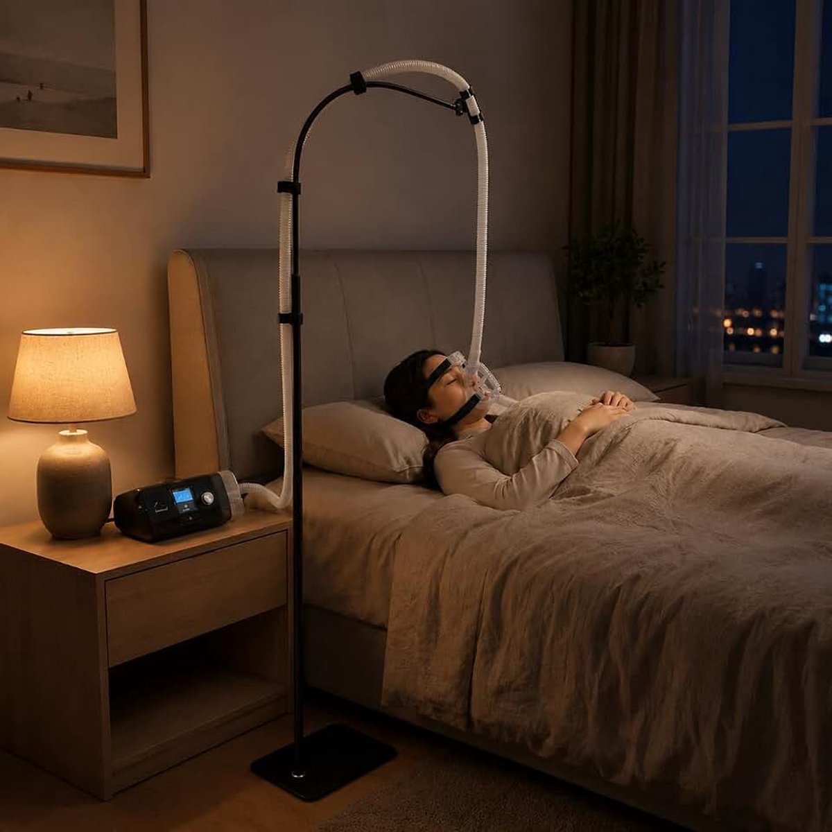 - Anti-klit, in hoogte en hoek verstelbaar, 360°-clip, compatibel met Löwenstein & ResMed, accessoires voor CPAP-maskers en zijslapers (koolstofstaallegering)
