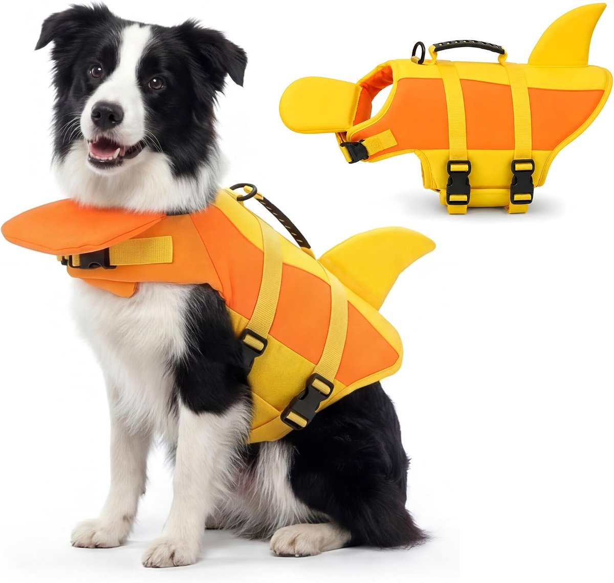 Hondenzwemvest - Maat M - Reddingsvest hond - Verstelbaar hondenbadpak - met Haaivinnen - Reflecterend drijfvest - met Reddingsgreep & D-Ring - voor Kleine & Middelgrote Honden - voor zeilen en strand - Oranje geel