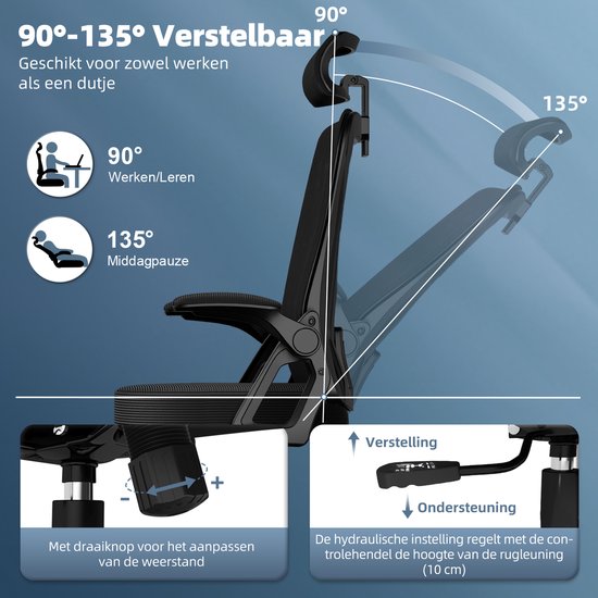 Zwarte bureaustoel die kantelt tussen 90° (werken/leren) en 135° (middagpauze). Instellingen voor weerstand en hydraulische hoogteverstelling.