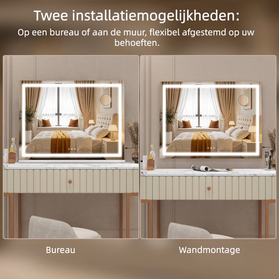 LED spiegel met verlichting, getoond op een bureau en aan de muur bevestigd.