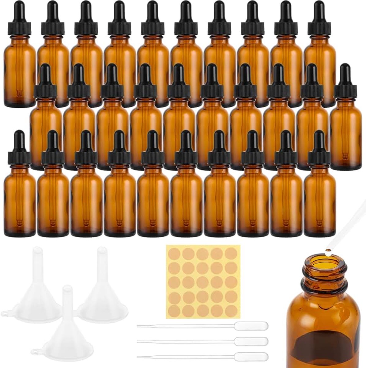 30 Stuks Amber Glazen Pipetflesjes, Druppelflesjes 30 ml, Bruine Glazen Flesjes met Trechter, Plastic Pipet en Labels voor Olie en Cosmetica