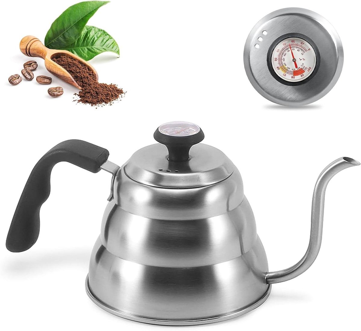 Waterkoker Zwanenhals - Koffiepot Ketel - Perfect Koffie Zetten - Ingebouwde Thermometer - 1 Liter Inhoud - Zilver