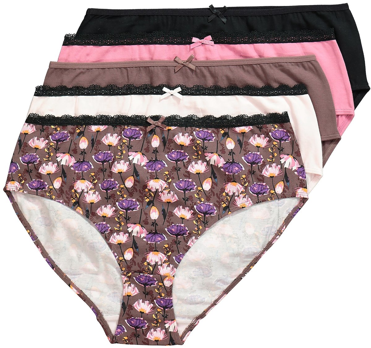 Ulla Popken - Dames - Midi-slips set van 5 bloemen/effen kant - Aarde - Maat 54+