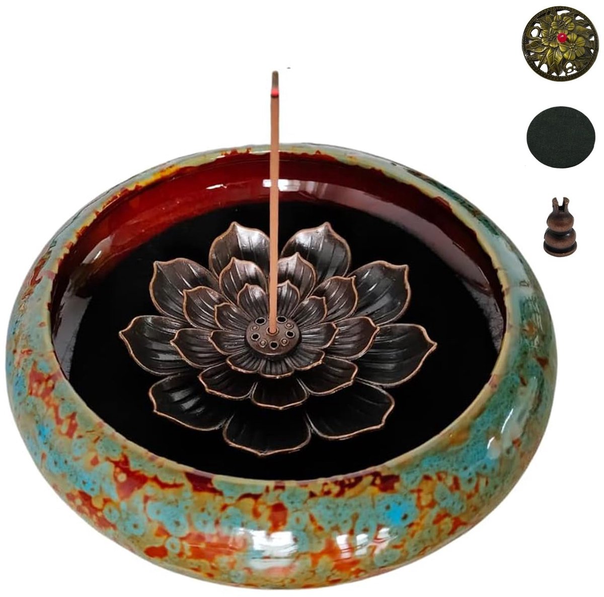Wierookstokjeshouder Lotus Keramische Wierookbrander met Messing Kalebassen Wierookstokjeshouder en Metalen Deksel, Blauw