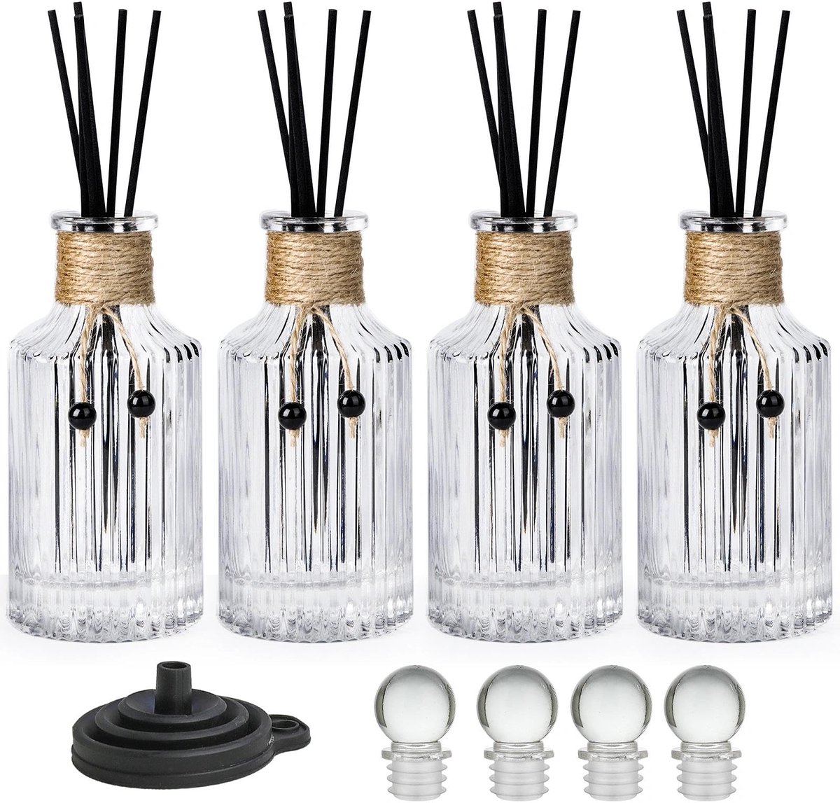 Glas-diffuserflessen 250 ml set met 4 lege etherische oliën Glas-diffuserflessen met stop en rietstaven, transparant, decoratief flesjesset