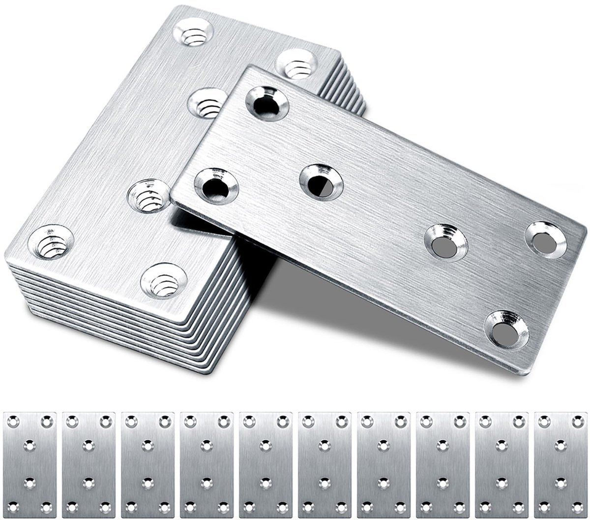 10 stuks platte beugels voor hout, 80 × 40 × 1,75 mm platte verbindingsplaten, dwarsbeugel Heavy Duty, roestvrijstalen herstelplaten voor connector, metalen beugels voor houtbevestiging