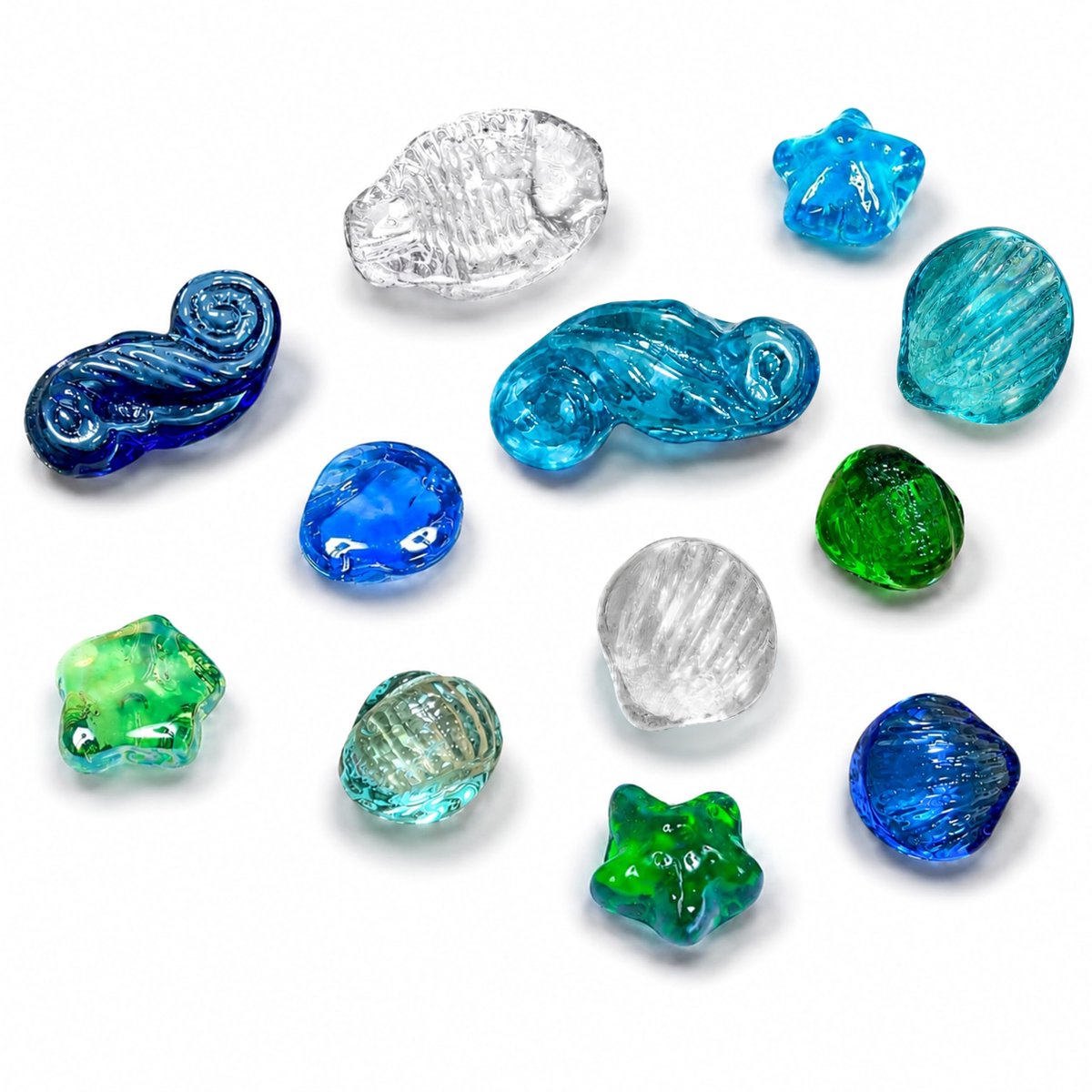 Decoratieve glazen steentjes, afgeronde platte keitjes, vaasvulling, vuurbestendig, voor aquarium, mozaïek, tegels, vazen, handwerk, tuin, bloempotten (12 stuks, figuren)