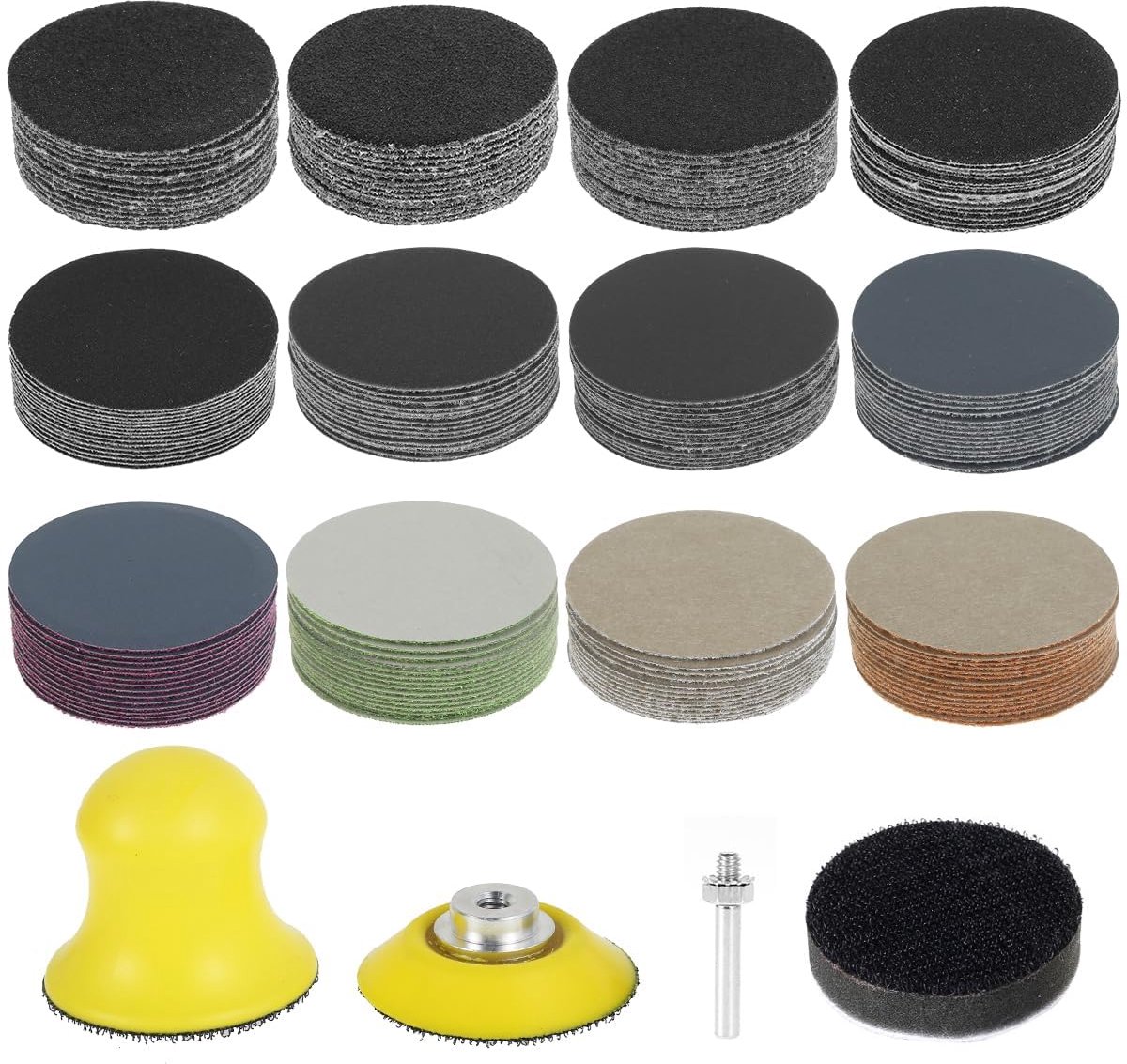 184 stuks schuurschijven, 50 mm, klittenband, nat, droog schuurpads, rond schuurpapier (korrel 60-10000 Grit), excentrische schuurbladen voor metaal, hout, glas, auto polijsten