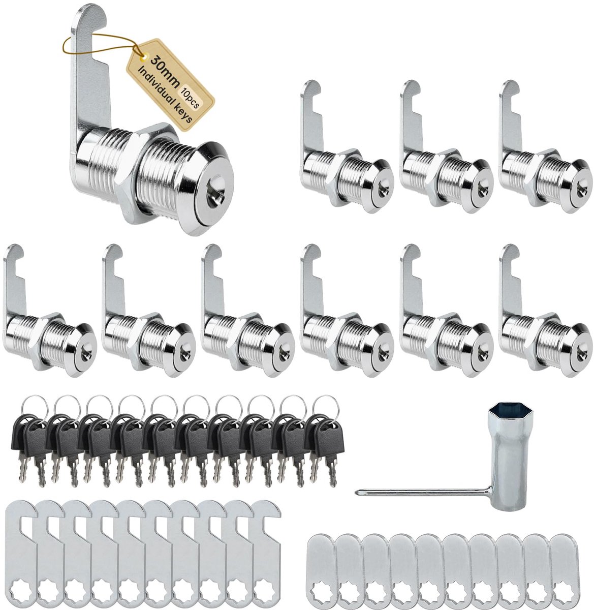 10 stuks brievenbussloten, 30 mm, meubelslot, kastslot met 2 verschillende slotplaten en 20 enkele sleutels, nokkenslot, ladeslot, hefboomslot voor cupboard, kastdeuren, meubels