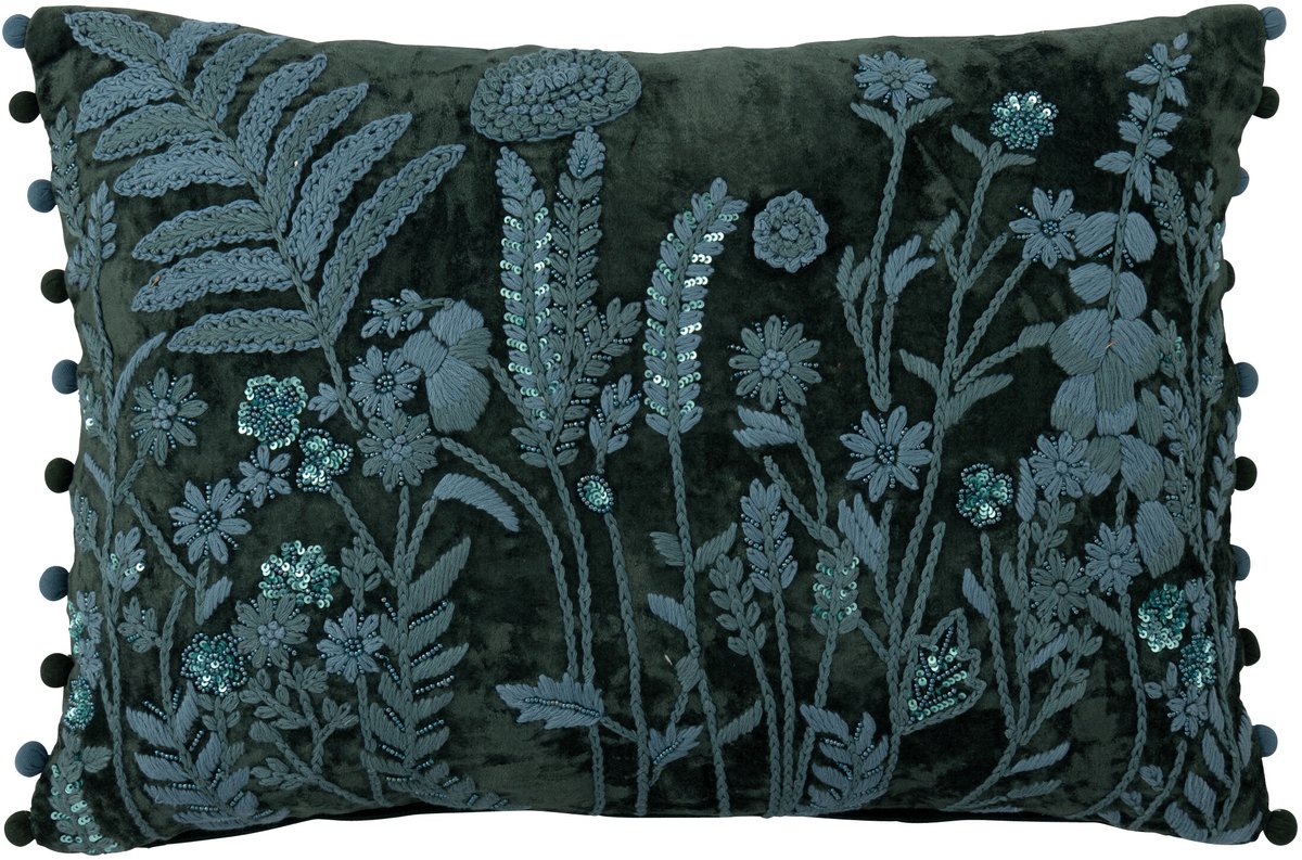 J-Line kussen Bladeren + Bloemen Rechthoek - viscose - donkergroen/turquoise