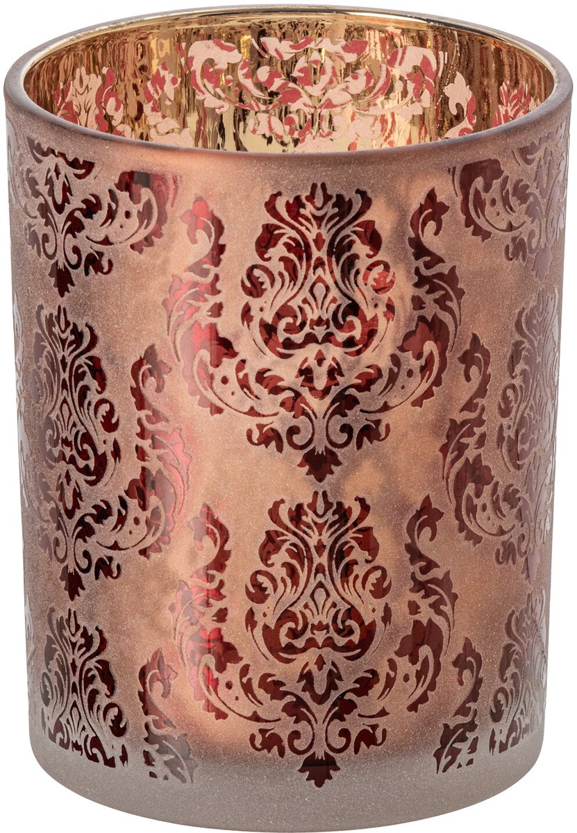 J-Line Windlicht met bloemen - glas - bordeaux/koraal - medium - set van 2