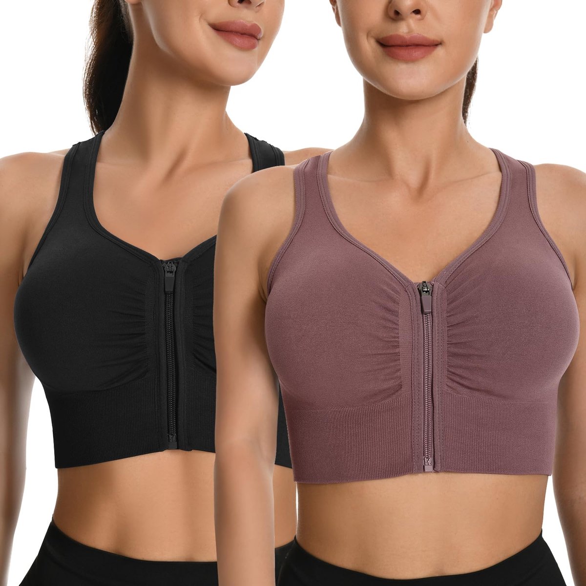 2 Pack Sport BH's voor Vrouwen Zip Voorsluiting Yoga BH Naadloze Draadloze Gewatteerde Hoge Impact Running Gym Workout Bras