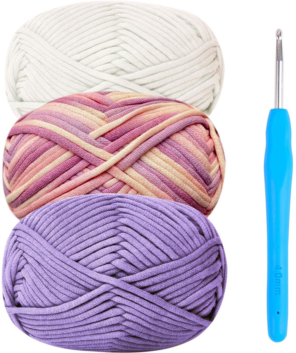 Dikke Katoenen Wol Om Te Haken, 3x50g, Haakgaren Voor Beginners, Amigurumi Garen Met 4mm Haaknaald, Easy Crochet Starter Kit (Paars)