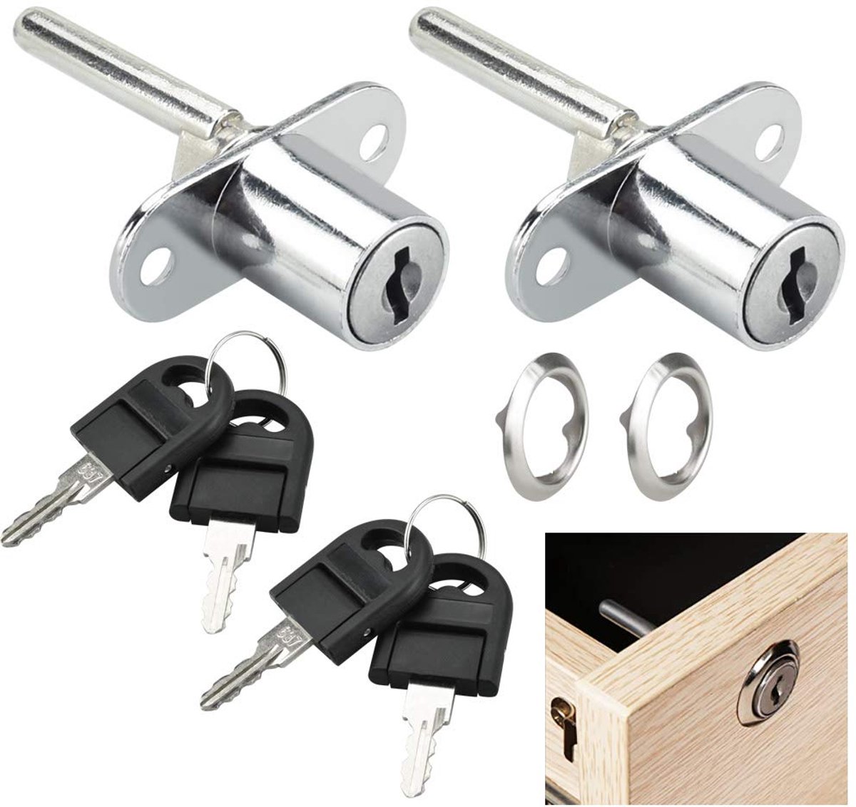 2 stuks kantoorladesloten met sleutels, kastduwpje kastsloten, voor kantoortafels, archiefkasten, kledingkast, sleutelgat 16 mm, totale slotlengte 61 mm (zilver)