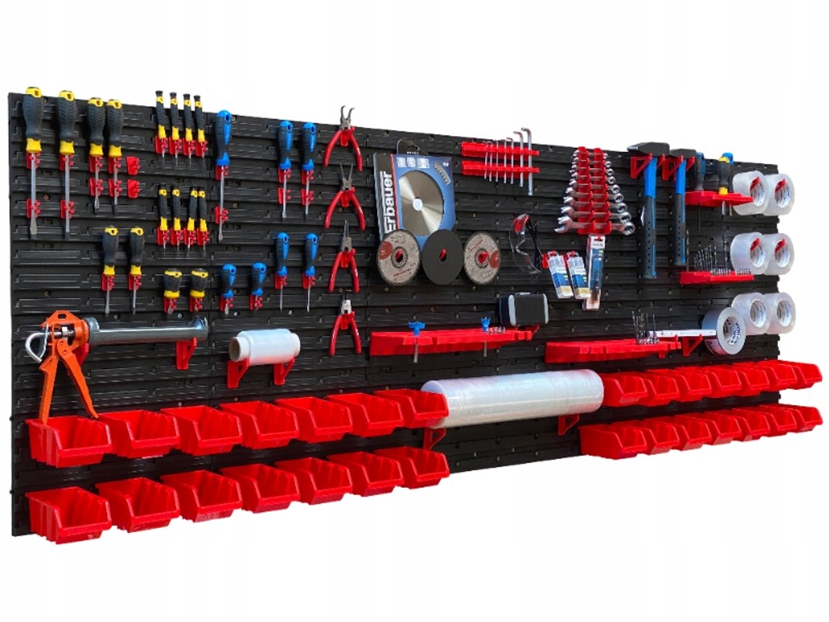 TABLICO Wandpaneel voor garage/werkplek (232x78cm) met 28 dienbladen