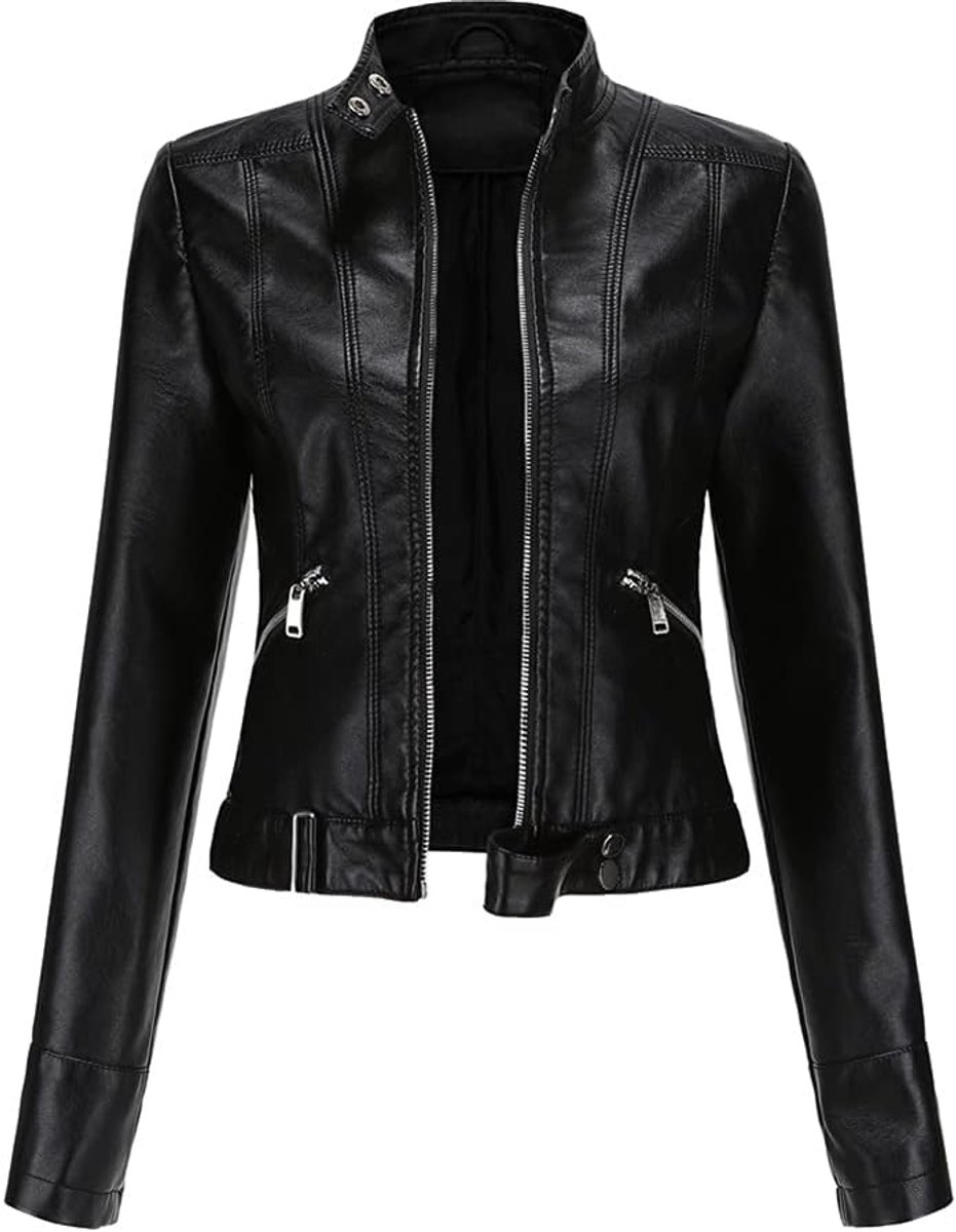 Klassieke PU-lederen motorjas voor dames, korte slim fit, casual jas met ritssluiting