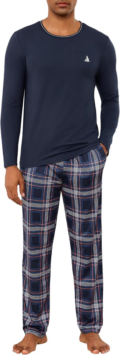 Pyjama voor heren, katoen, lang, tweedelig, lange mouwen, winter, geruite broek met zakken, warm en zacht, S-4XL