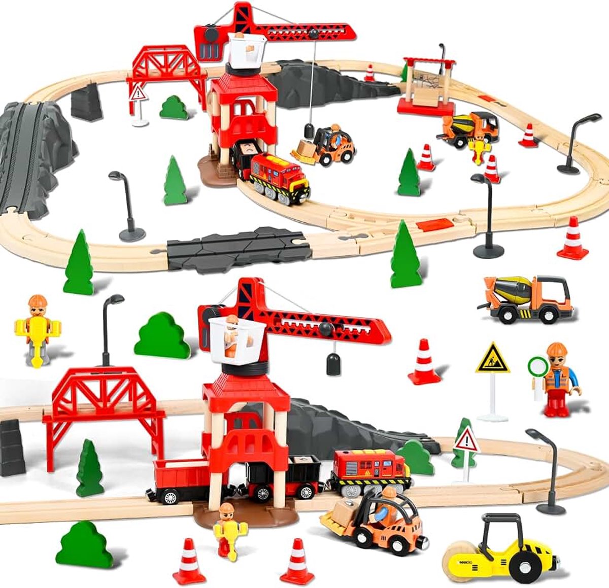 Houten spoorbaanset voor kinderen, 87-delige houten spoorbaan, rails en treinspeelgoed, modelspoorwegset met elektrische locomotief en torenkran, technische motorwagenset, cadeau voor jongens