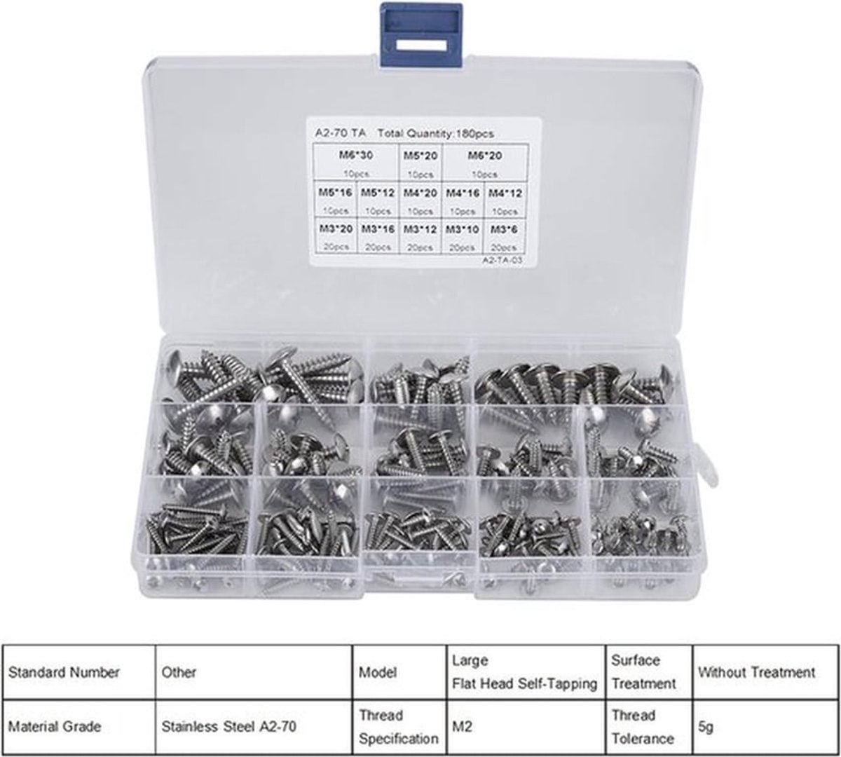 Schroefset RVS - Platte Kop - Houtschroeven - Zelftappend - Assortiment - Multi Doel- Roestvrijstaal - M3 M4 M5 M6 - Geschikt voor Hout - Garosa - Combinatieschroef - 180 Stuks