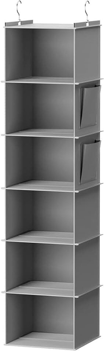 Hangorganizer, kluisorganizer met 6 roosters, grijs hangrek van stof met metalen haken, hangrek voor eenvoudig opvouwen en ruimtebesparend, grijs