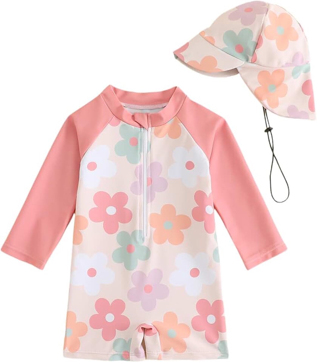 Baby Badpak Pasgeboren Meisje Jongen Rash Guard Set 0M-3T, Lange Mouw UPF Peuter Badpak Met Hoed & Rits Voorkant