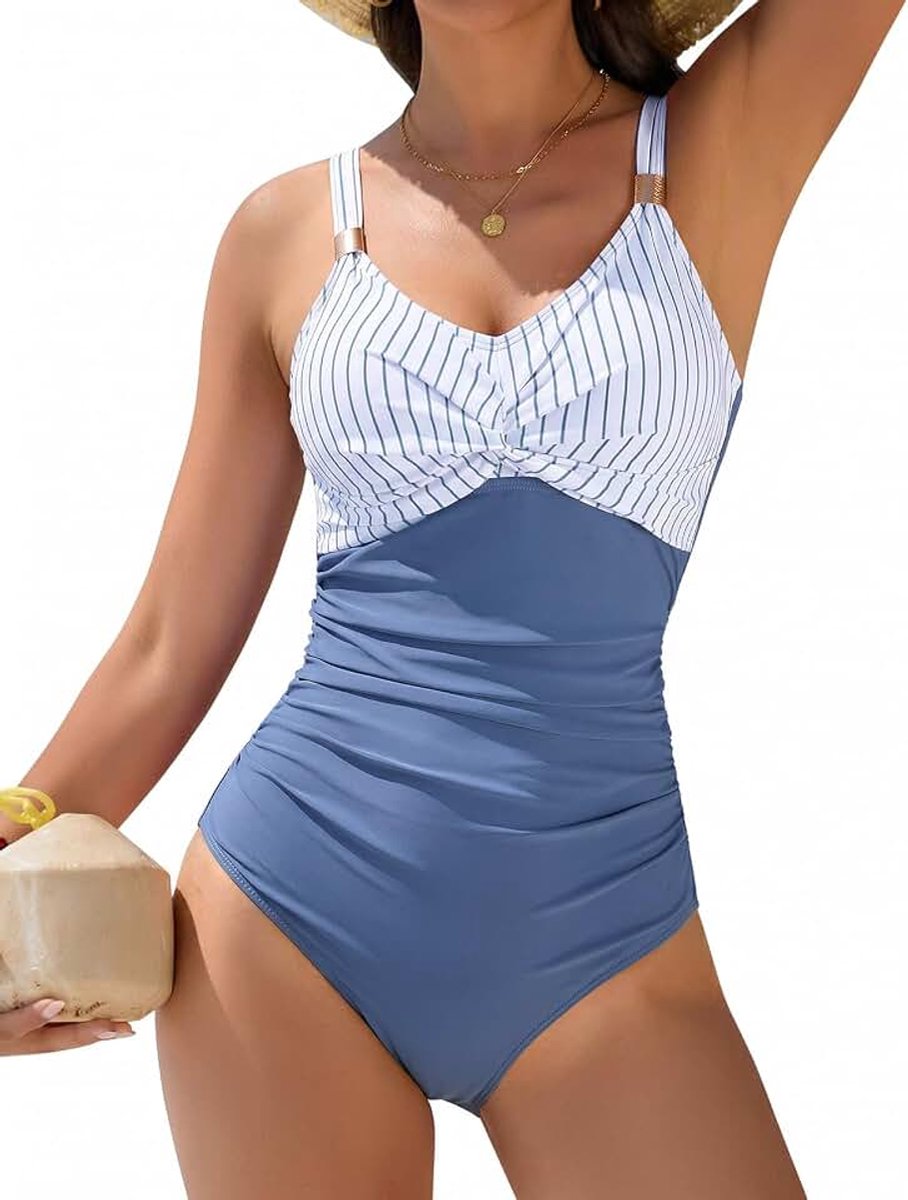 Badpak voor dames, sexy, push-up, eendelig, gedraaide knopen, V-hals, met metalen versieringen, badpak voor zwembad en strand