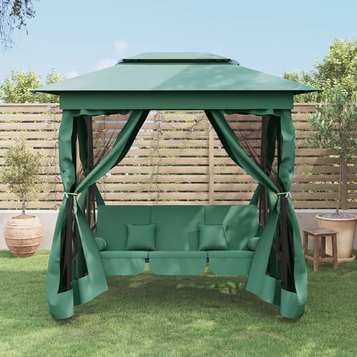Paviljoen met schommelbank, ombouwbaar, groen, stof en staal, gazon en tuin, outdoor, terrasschommel (SPU: 363327)