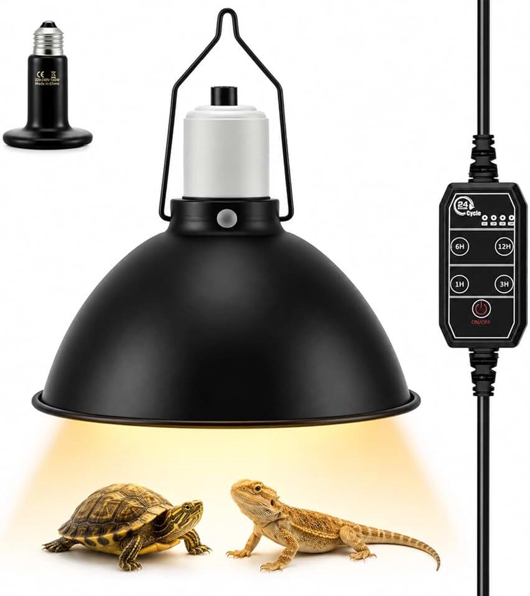 Terrarium koepel met 100 W E27 lamp 21 cm, 4 timers | 21 cm Verwarmde lamphouder, draagbaar, schildpadverwarming, reptielentank voor schildpad, slang, hagedis, cacatoes