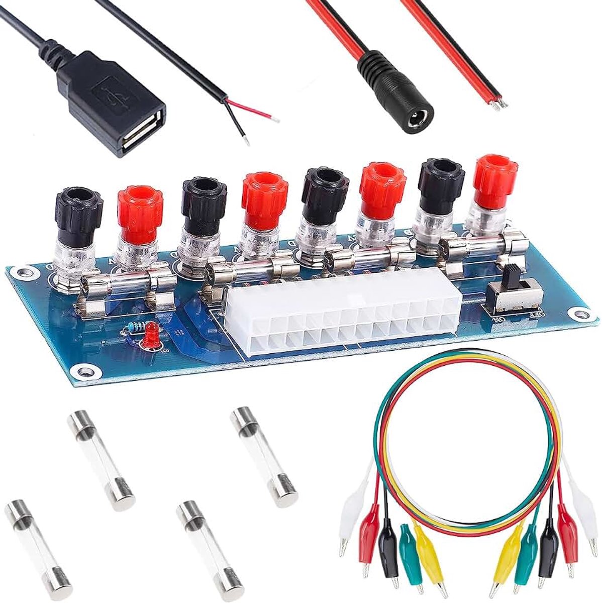 Voeding ATX-adapter-moederbord overdracht-breakout-moederbord ATX-24P 6-poort USB 2.0 QC 2.0/QC 3.0 spanningsregeling met banaanstekker ATX moederbord splitter kabel schroevendraaier