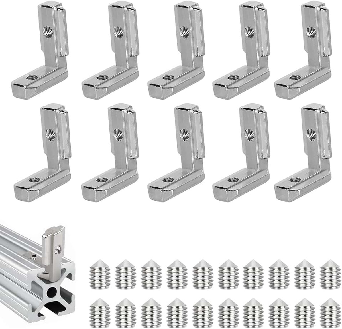 Binnenhoek, 90° L-vorm, zinklegering, profiel binnenhoek, 10 x T-sleuf, met 20 schroeven, aluminium profiel 2020 groef 6 M5 binnenhoek, voor aluminium extrusieprofielserie