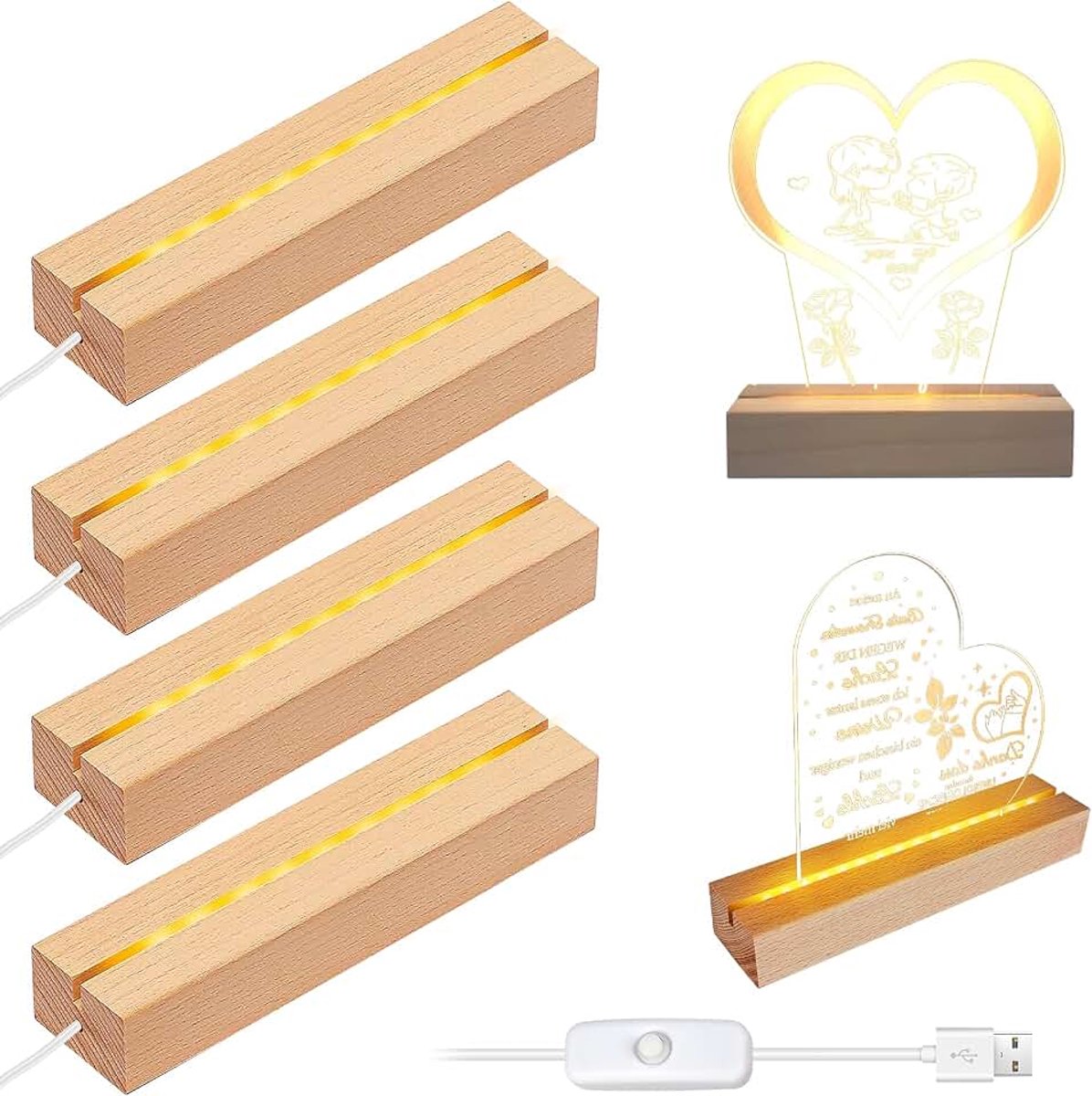 Hout, 4 stuks, led-verlichting, display basis, lichtsokkel, standaard, USB, rechthoekige verlichte houten sokkel, desktop led-lampen, sokkel voor acrylplaten, kristalkunst, glasplaat,