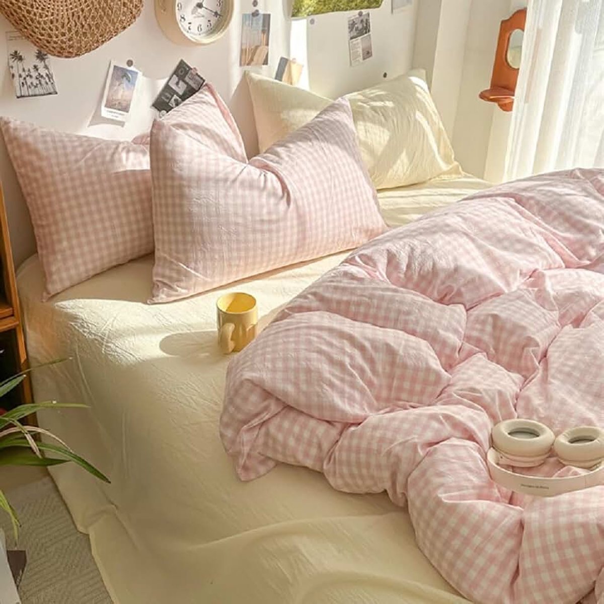 Beddengoed 200 x 220 cm, roze-wit geruit, allergie-beddengoed van microvezel, Öko-Tex beddengoedset, dekbedovertrek met ritssluiting en 2 kussenslopen 80 x 80 cm