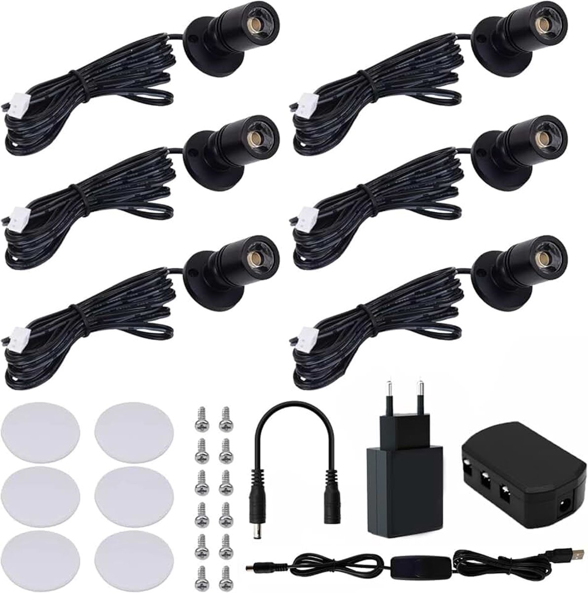 6 Stuks,Kleine LED Zoeklichten,360° Zwenkbaar,5V 1W,3000K,Zwart | Spots voor Binnengebruik Kastlicht Schilderijlichten Accentlichten Aluminium Mini Spot voor Kast, Gang