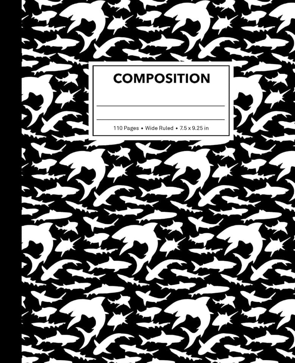 Black Shark Composition Notebook for Kids, Cool Marble Sharks Pattern for Boys, Wide Ruled Book 7.5 x 9.25 in, 110 Pages, Back to School Supplies, For Students and Teachers