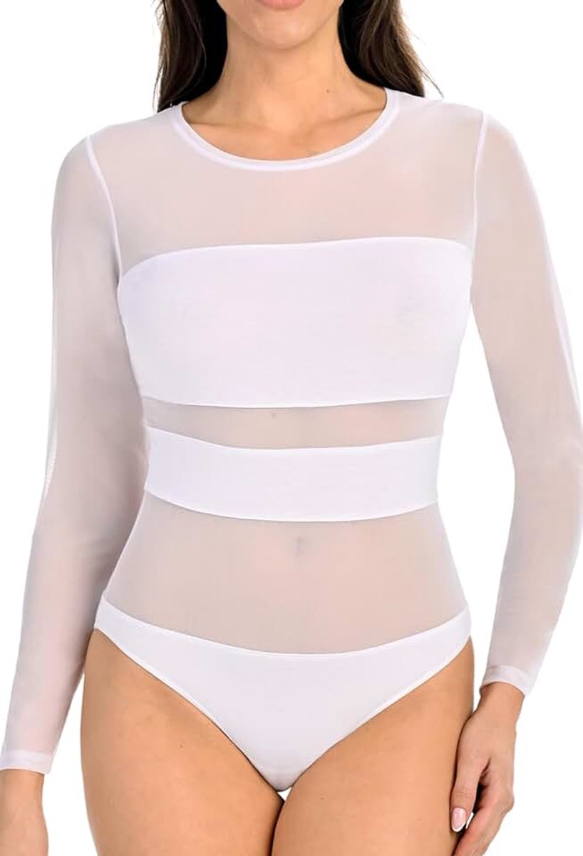 Dames Body Bodysuit van Viscose met Lange Mesh Mouwen, Elegante Damesbody met Transparant Mesh, Zacht en Comfortabel voor Dagelijks Gebruik