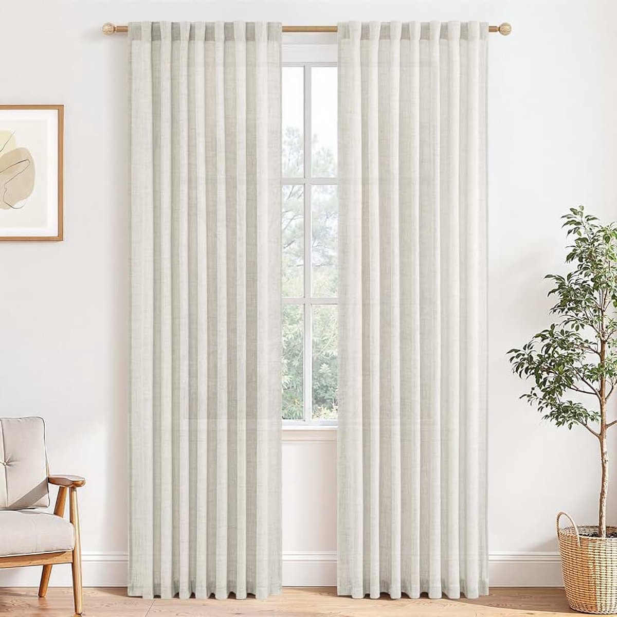 Gordijnen van linnen, semi-transparant, voor binnenshuis, slaapkamer en woonkamer, modern, 2 stuks, 140 x 220 cm, elegante gordijnen voor keuken, deur, raam met verborgen lussen, ivoor
