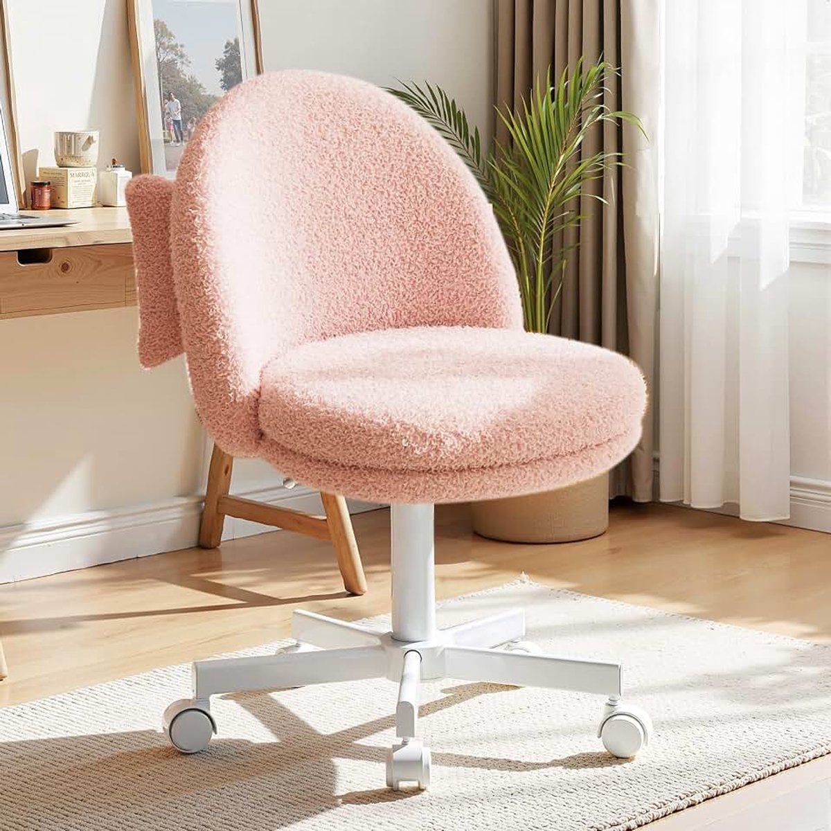 Homeoffice stoel, make-upstoel, bureaustoel zonder armleuningen, draaistoel met rugsteun, comfortabele bureaustoel op wieltjes, in hoogte verstelbaar, fleece roze