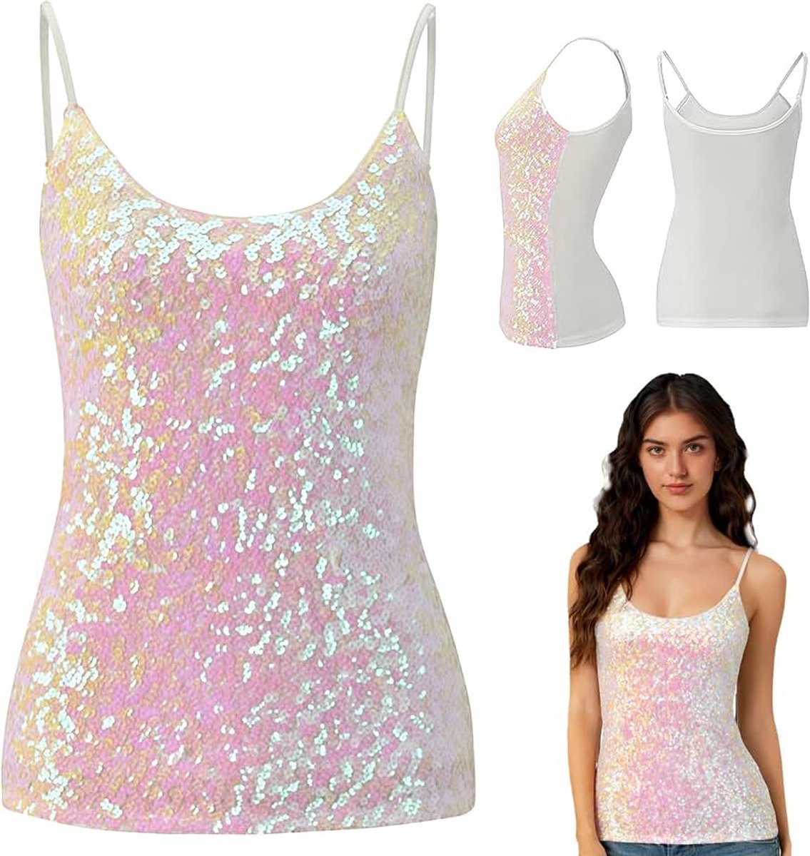 Feesttops met pailletten, verstelbare bandjes, dagelijkse haltertop, mouwloos, glitterhemdje, vest, blouse, T-shirts voor nachtclub, feest, optredens, kostuumtops