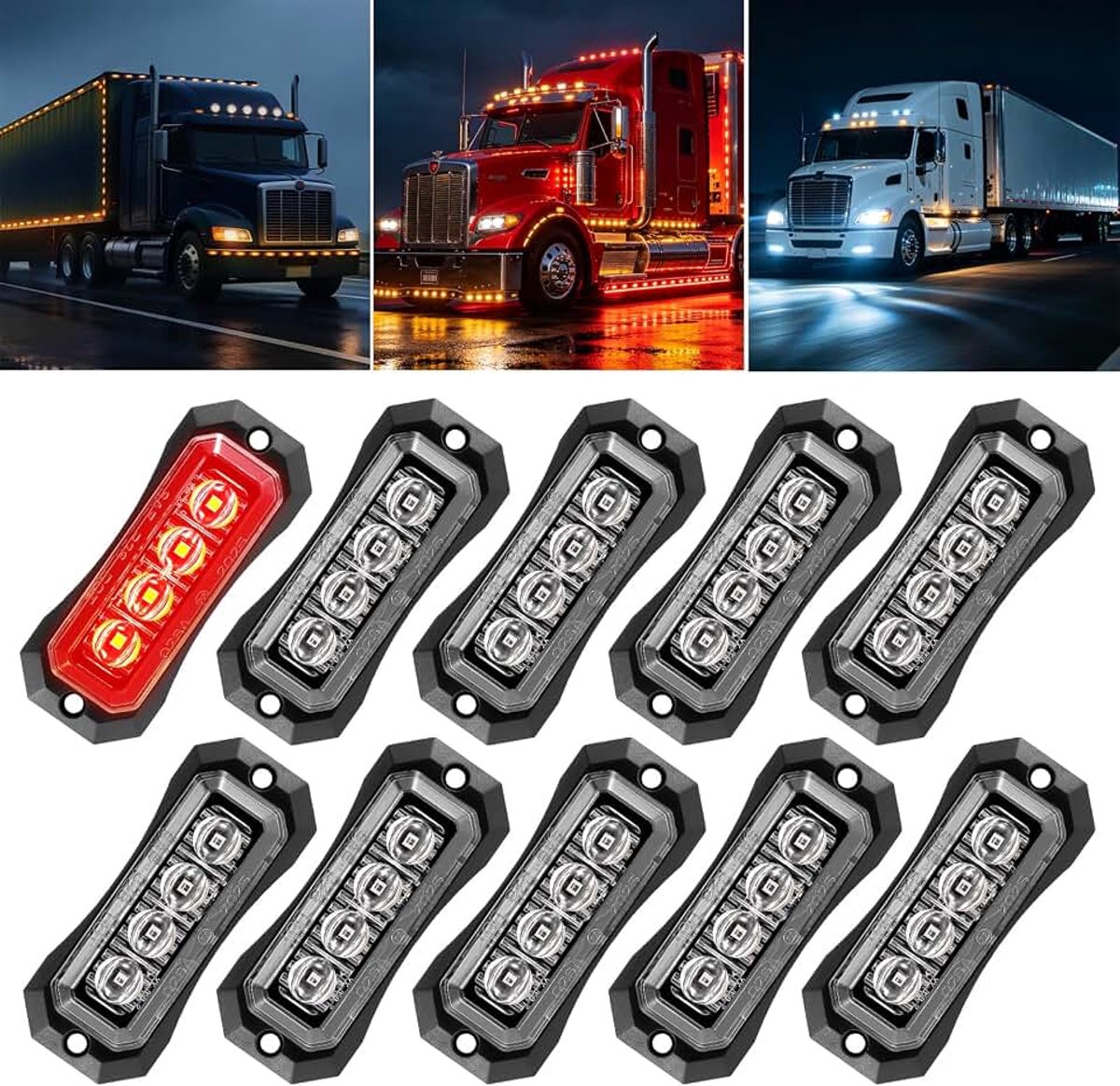 10 x led-markeringslichten 12 V-24 V, aanhanger voor vrachtwagen, bus, caravan, bedrijfswagen, robuust en waterdicht, IP65, 4 leds, universele parkeerlampen, industriële stijl (rood licht)