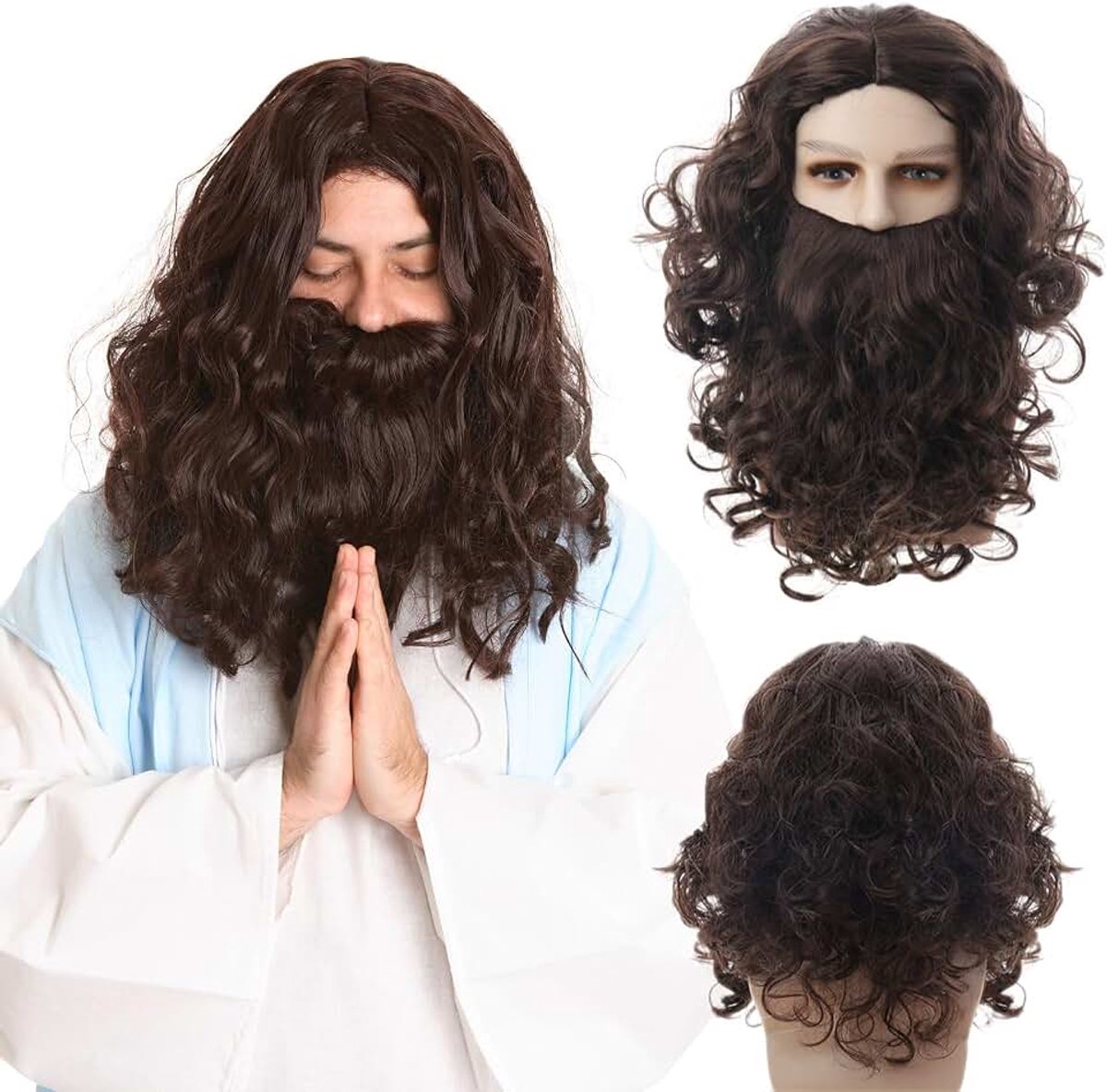 Jezuspruik en Baard Set Donkerbruin, Tovenaarspruik, Baardkostuum voor Heren met Lange Krullen, Cosplay voor Halloween en Carnaval