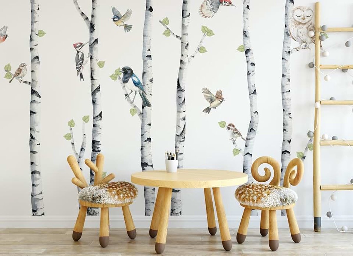 Muurtattoo kinderkamer wanddecoratie bosdieren I muursticker jongenskamer | behang zelfklevende wandafbeeldingen tienerkamer (berken, XL)