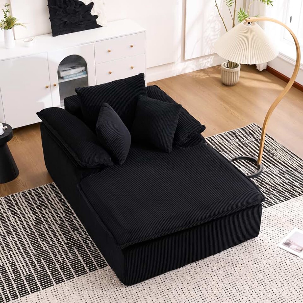 Sofa Relaxbank zonder montage, 46 cm, modern, corduroy met zachte gevoerde armleuningen, binnenstoel voor woonkamer, leeshoek en kantoor, wolkendesign, zwart corduroy
